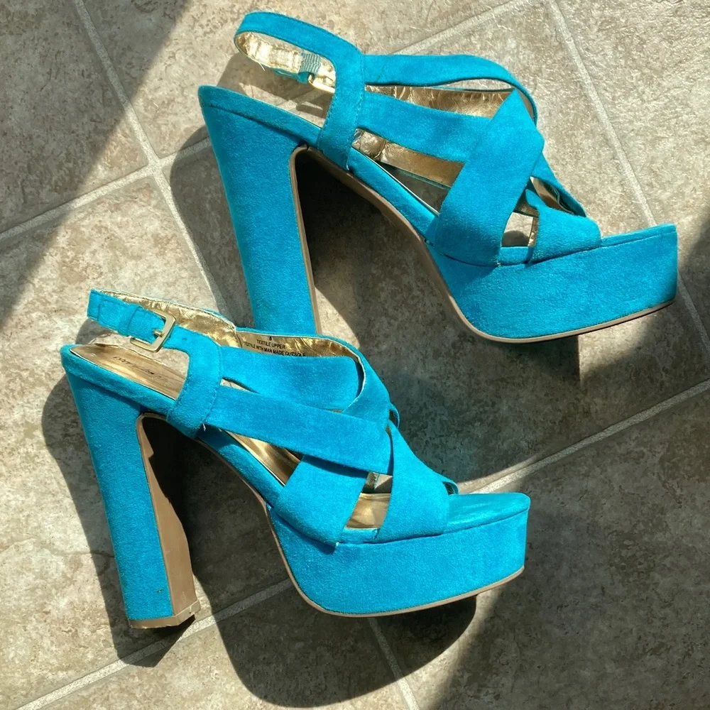 Mossino Turquoise Suede Platform Sandals Heels Size 8 - Picture 6 of 16